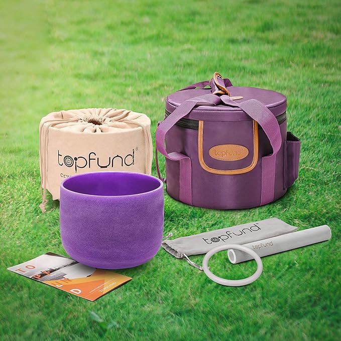TOPFUND Purple B Note Crystal Singing Bowl Crown Chakra 10" with Heavy Duty Carrying Case and Suede Mallet