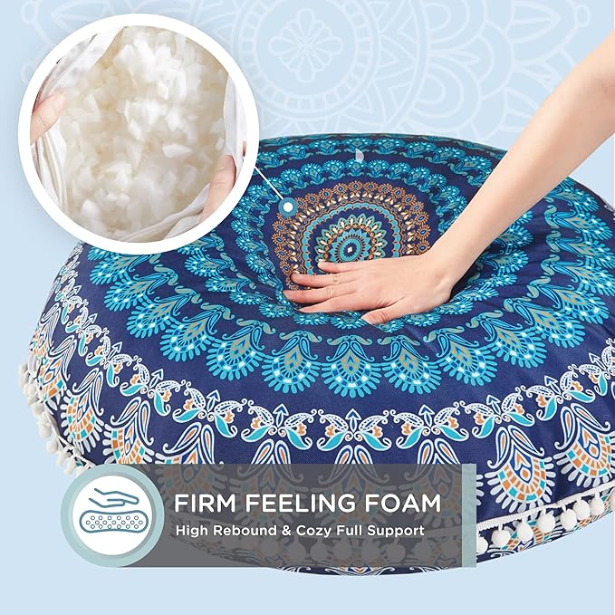 Codi Meditation Floor Pillow Set of 2, Round Large Pillows Seating for Adults, Bohemian Mandala Circle Cushion for Outdoor Fireplace Yoga Living Room, 32 Inch, Memory Foam Added, Navy - Bloomnest