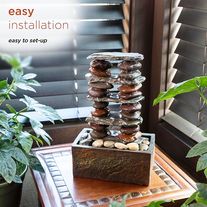 Alpine Corporation TT8002 Indoor/Outdoor Tabletop Stacked Rocks Eternity Fountain, Modern Rocks Tabletop Fountain 12", Brown - Bloomnest