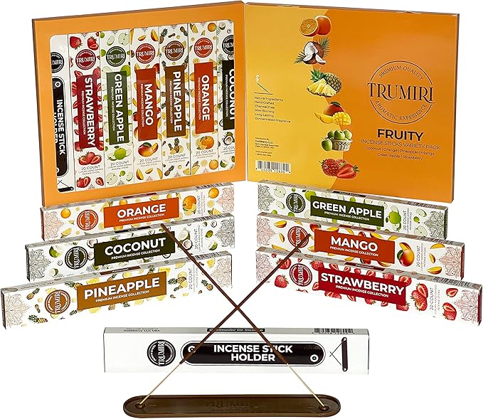 Fruity Incense Sticks Variety Pack - 120 Insence-Sticks (6 Incents x 20 Insense) - Coconut Orange Pineapple Mango Strawberry Apple - Natural Inscents-Sticks Non Toxic Inciensos + Stick Incense Holder - Bloomnest