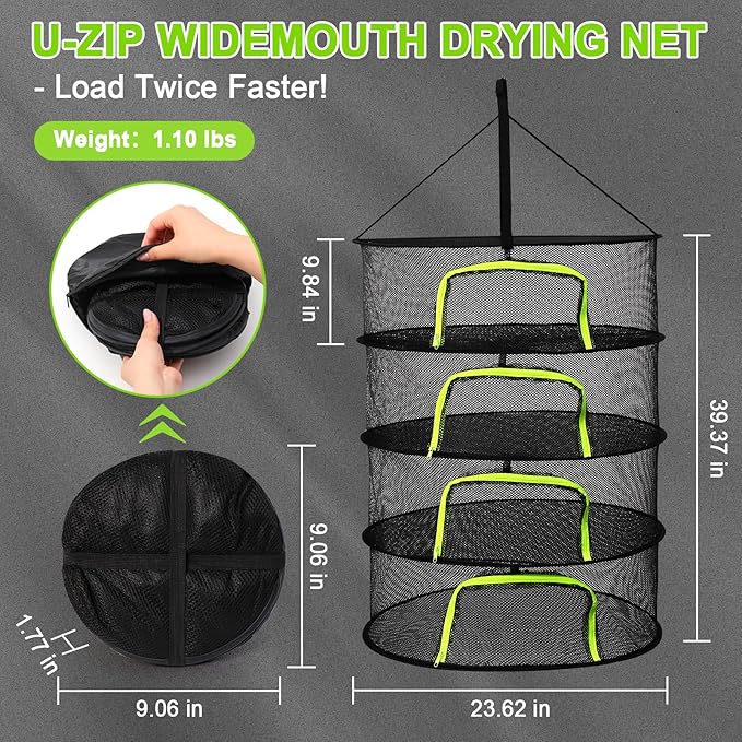 LUKETURE 4-Layer Hanging Herb Dryer Rack - with U-Zipper Mesh Net & Hook, Foldable Collapsible Drying Rack for Plants, Herbs, Flowers, Fish, Jerky, Laundry - Bloomnest