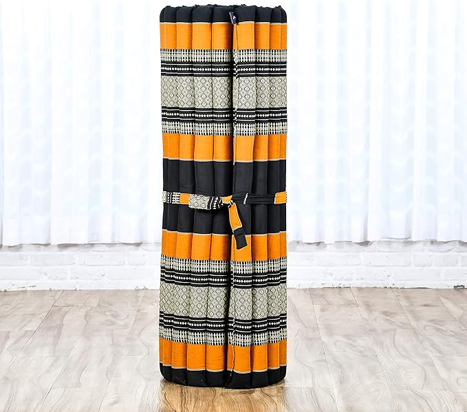 Leewadee - Kapok Roll Mat – Handcrafted Folding Sleep & Relaxation Mattress from Thailand, Ideal as Guest Bed, Camping Mat, Yoga Mat or Traditional Futon, 75 x 39 inches, Black Orange - Bloomnest