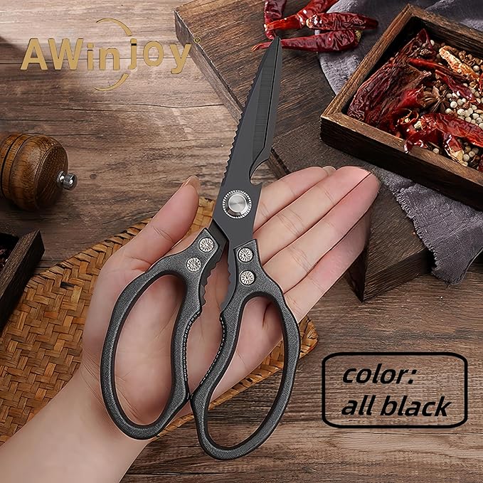 AWinjoy Heavy Duty Sharp Kitchen Scissors - Dishwasher Safe Black Cooking Shears for Meat, Chicken, Fish, Poultry, Herb, Bread (All Black) - Bloomnest