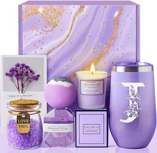 Birthday Gifts for Women, Relaxing Lavender Spa Gift Basket Set with 20oz Monogram Initial Tumbler for Mom Wife Sister Aunt Teacher Nurse, Wedding Gifts, Bridesmaid Gifts, Best Friend Gifts (J)