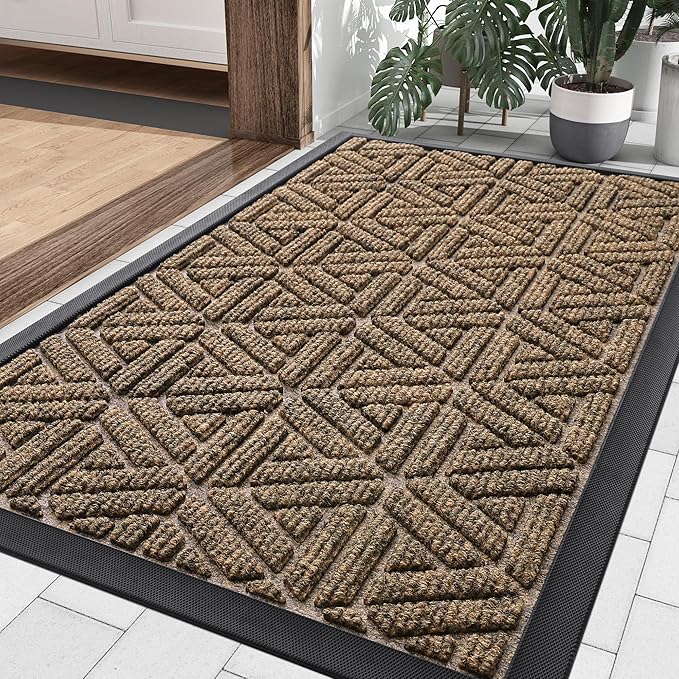 Smiry Front Door Mat Outside Entrance, Heavy Duty Sturdy Natural Rubber Doormat, Trap Dirt and Moisture, Easy Clean Low Profile Mats for Indoor Outdoor Entry, Grid Geometric (29.5x17, Brown) - Bloomnest