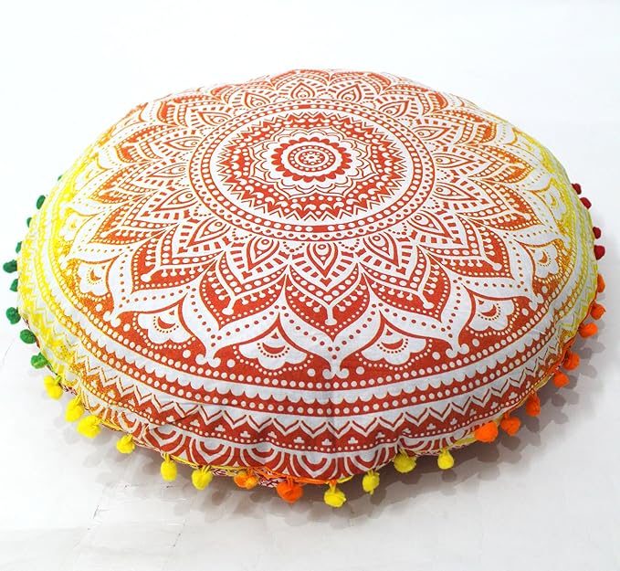 CRAFT KALA 32" Large Round Bohemian Floor Pillow Pouf Cover Mandala Meditation Room Pillow Cover for Adults Boho Seating Poufs Cushion Cover for Kids Playroom Yellow Orange Ombre - Bloomnest