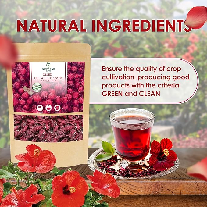NhatAnhFarm, Dried Hibiscus. 100gr Natural Dried Hibiscus, 100% Natural & Pure, Sugar/Caffeine/Gluten Free. The Perfect Ingredient For Making Tea, Baking, And Effective Deodorizing - Bloomnest