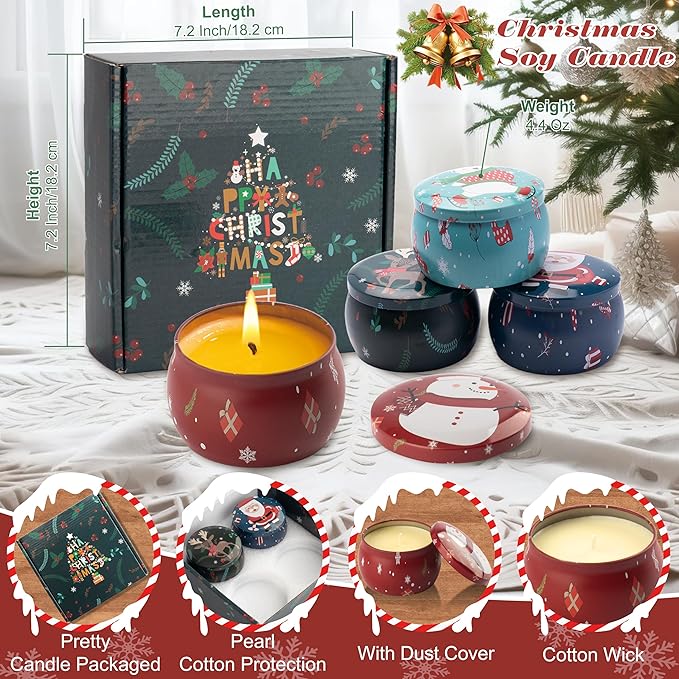 Christmas Scented Candles Gifts - Xmas Candle Gift Set for Women Men Aromatherapy Soy Wax Natural Small Festival Aroma Candle Gift 4 PCS 4.4 Oz for Mothers Day Birthday Diwali Teachers Girls - Bloomnest