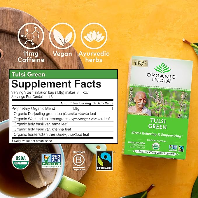 Organic India Tulsi Green Herbal Tea - Stress Relieving & Balancing, Immune Support, Adaptogen, Vegan, USDA Certified Organic, Caffeine-Free - 18 Infusion Bags, 6 Pack - Bloomnest