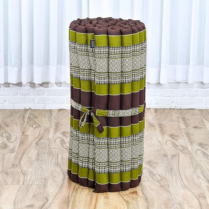 Leewadee - Foldable Floor Mattress - Japanese Roll Up Futon -Trifold Tatami Mat- Guest Floor Bed - Camping Mattress - Thai Massage Mat, Kapok Filled, 75 x 28 inches, Brown Green - Bloomnest