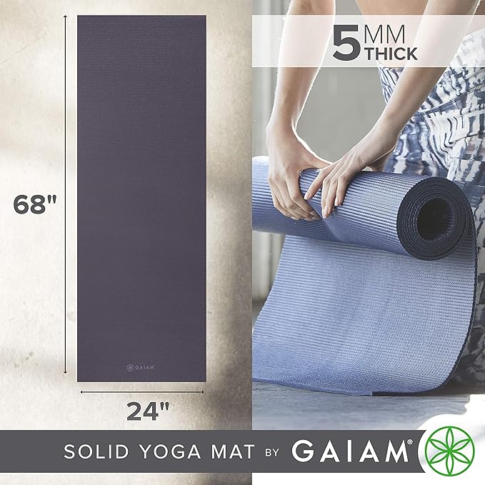 Gaiam Yoga Mat - Premium 5mm Solid Thick Non Slip Exercise & Fitness Mat for All Types of Yoga, Pilates & Floor Workouts (68" x 24" x 5mm) - Bloomnest