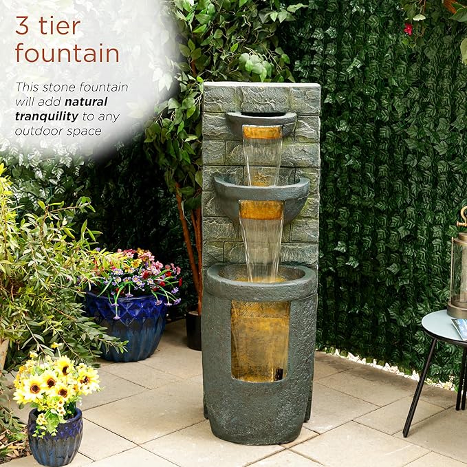 Alpine Corporation TZL384 Outdoor 3 Tier Water Fountain with LED Lights for Garden, Patio, Lawn and Yard Spaces, 51" H, Gray - Bloomnest
