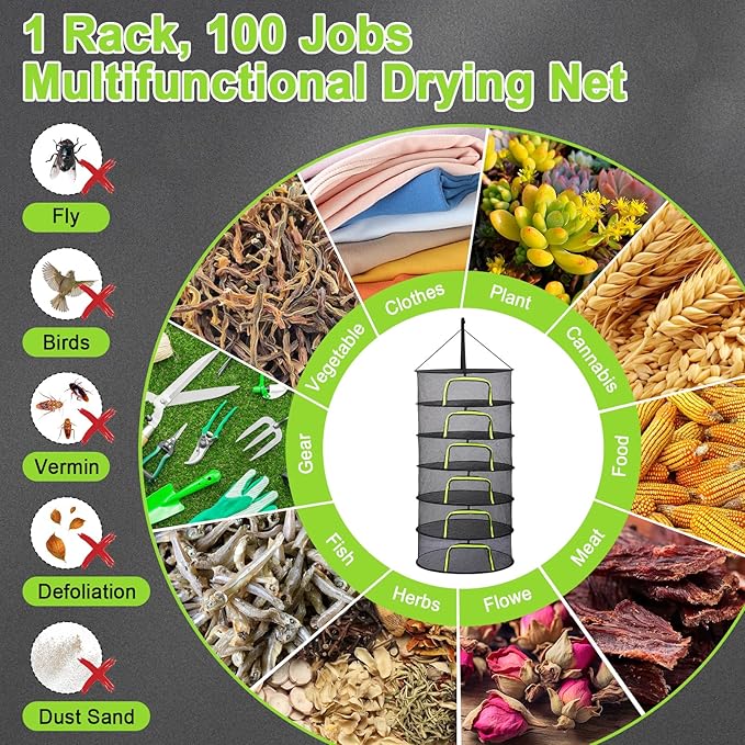 LUKETURE 6-Layer Hanging Herb Dryer Rack - with U-Zipper Mesh Net & Hook, Foldable Collapsible Drying Rack for Plants, Herbs, Flowers, Fish, Jerky, Laundry - Bloomnest