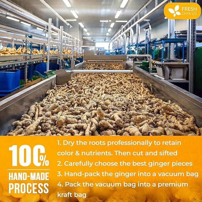 FreshDrinkUS, Premium 10oz Natural Ginger Roots, Cut and Sifted, 100% Natural & Pure from Ginger Roots, Ginger Tea, Ginger Loose Herbal Tea, No Additives, No Caffeine, Vegan - Bloomnest