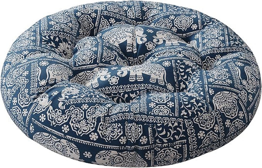 Codi Meditation Floor Pillow, Boho Pillows Seating for Adults and Kids, Large Round Cushion for Yoga Living Room Tatami Sitting, Memory Foam Added, 22x22 Inch, Indigo Elephant - Bloomnest