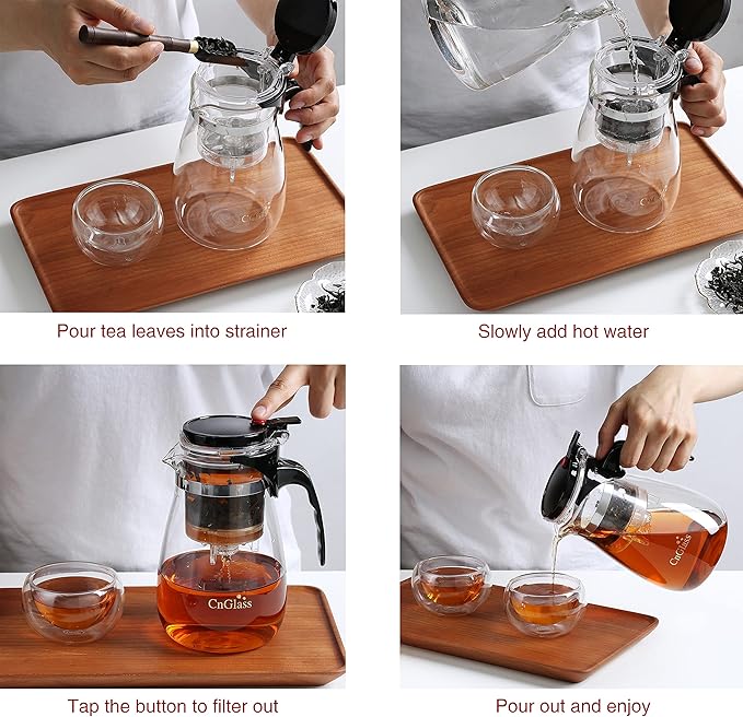 CNGLASS Glass Teapot with Removable Infuser,25oz Clear Tea Kettle with One Button Press to Filter the Tea Soup,Loose Leaf and Blooming Tea Maker - Bloomnest