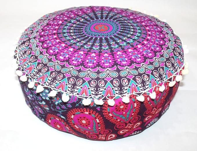 INDIAN CRAFT CASTLE ICC Mandala Barmeri Large Floor Pillow Cover Cushion Meditation Seating Ottoman Throw Cover Hippie Decorative Zipped Bohemian Pouf Ottoman Cases Pink Peacock 18" Round - Bloomnest