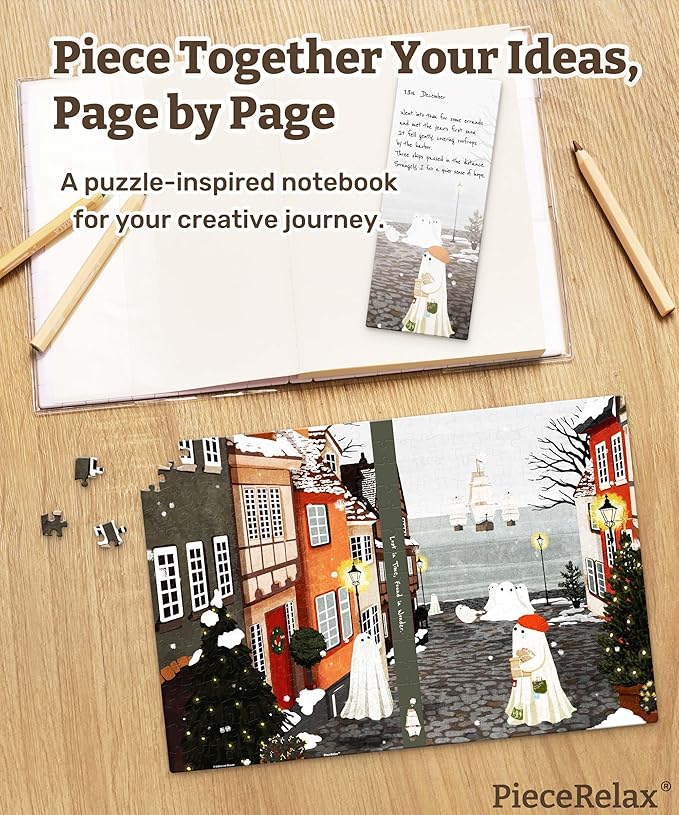 PieceRelax A5 Puzzle Journal for Adults, 300 Piece Plastic Jigsaw Book Cover (Includes Notebook) - Katherine Blower - Harbor’s First Snow, Unique Gift [YA1074] - Bloomnest
