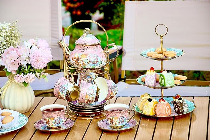 20 Pieces Porcelain Tea Set With Metal Holder, European Ceramic tea set for adults,Flower Tea Set,Tea Set For Women With Flower Painting (Large version, yellow) - Bloomnest