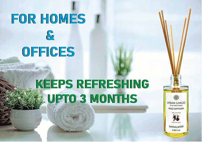 Reed Diffuser | Sandalwood | Made with Sandalwood Essential Oil | Luxurious Reed Diffuser | Handpoured in India | 3.38 fl oz | Includes Fibre Reed Sticks URBANGANGES