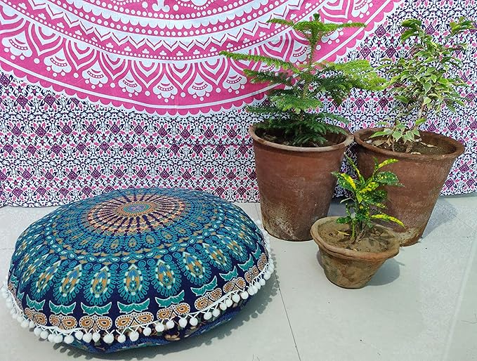 INDIAN CRAFT CASTLE 24" Blue Peacock Mandala Barmeri Large Floor Pillow Cover Cushion Meditation Seating Ottoman Throw Cover Hippie Decorative Zipped Bohemian Pouf Ottoman Pom Pom Cases 24" Round - Bloomnest