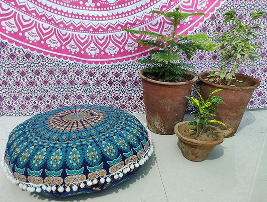 INDIAN CRAFT CASTLE 24" Blue Peacock Mandala Barmeri Large Floor Pillow Cover Cushion Meditation Seating Ottoman Throw Cover Hippie Decorative Zipped Bohemian Pouf Ottoman Pom Pom Cases 24" Round - Bloomnest