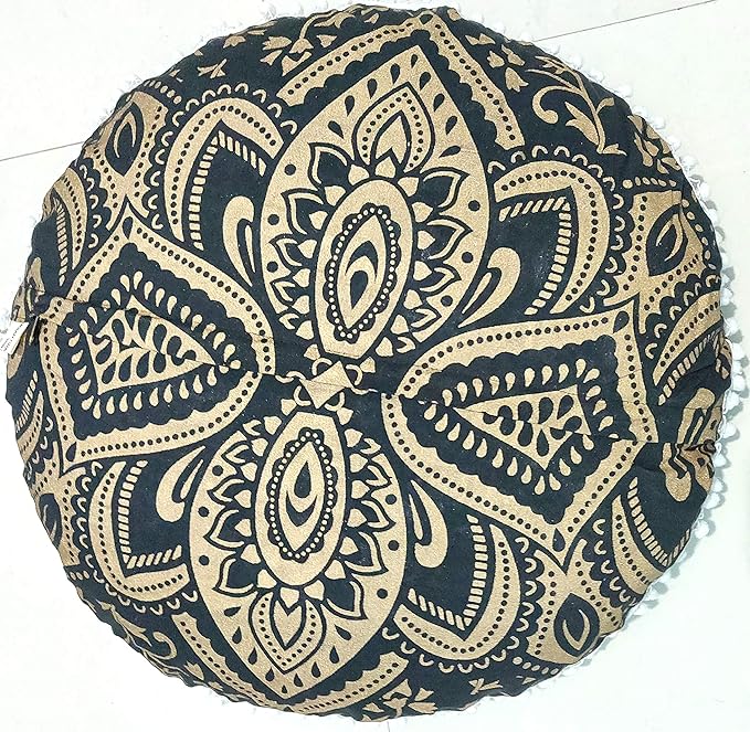 24" Black Gold Flower Mandala Barmeri Large Floor Pillow Cover Cushion Meditation Seating Ottoman Throw Cover Hippie Decorative Zipped Bohemian Pouf Ottoman Pom Pom Cases 24 " round - Bloomnest