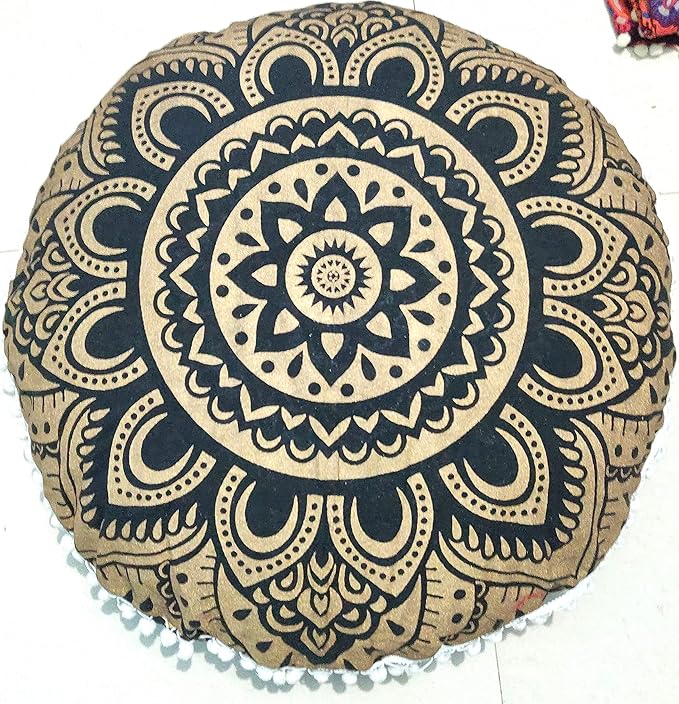 24" Black Gold Flower Mandala Barmeri Large Floor Pillow Cover Cushion Meditation Seating Ottoman Throw Cover Hippie Decorative Zipped Bohemian Pouf Ottoman Pom Pom Cases 24 " round - Bloomnest