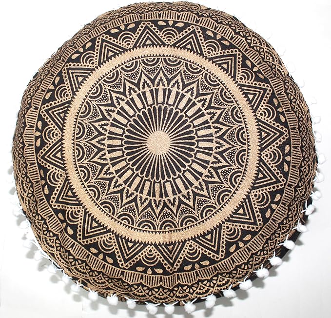 INDIAN CRAFT CASTLE ICC Mandala Barmeri Large Floor Pillow Cover Cushion Meditation Seating Ottoman Throw Cover Hippie Decorative Zipped Bohemian Pouf Ottoman Cases Black Gold, 24" Round - Bloomnest