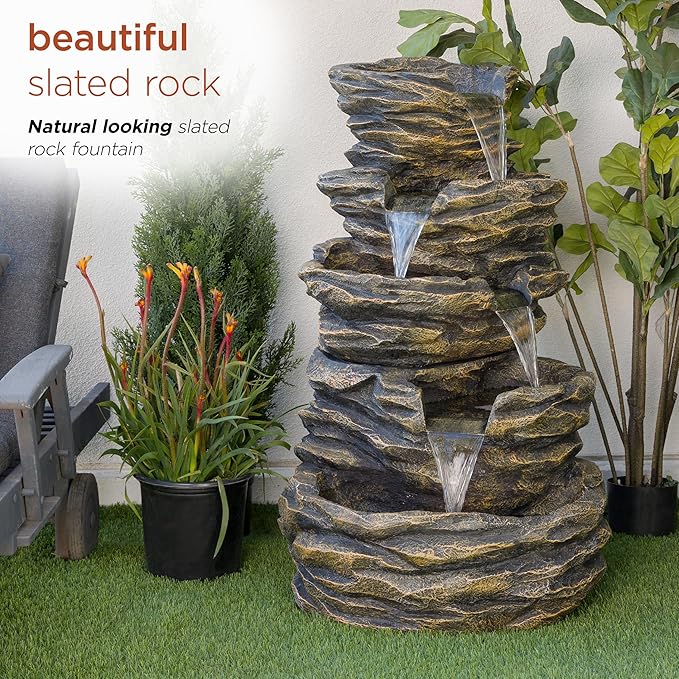 Alpine Corporation GIL110 Outdoor 5 Tiered Natural Look Rock Water Floor Fountain with Replaceable Lights,39" H, Brown - Bloomnest