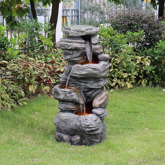 Teamson Home 39.37 in. Outdoor Faux Stacked Stone 4-Tier Water Fountain with LED Lights and Pump, Gray - Bloomnest