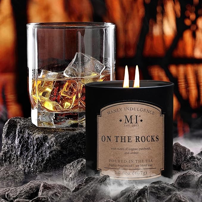 Manly Indulgence On The Rocks Scented Candles for Men, 2 Wick, 16.5 oz, Premium Soy Blend Wax, 60H Burn, Candles for Home Scented - Made in The USA - Bloomnest