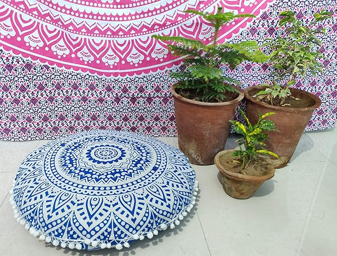 INDIAN CRAFT CASTLE 24" Blue Ombre Mandala Barmeri Large Floor Pillow Cover Cushion Meditation Seating Ottoman Throw Cover Hippie Decorative Zipped Bohemian Pouf Ottoman Pom Pom Cases 24" Round - Bloomnest