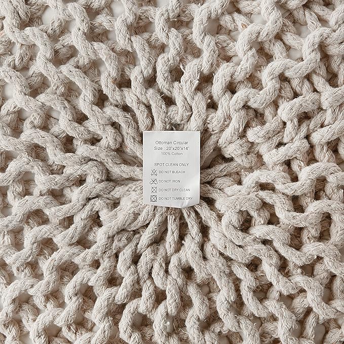 REDEARTH Round Pouf Ottoman - Cable Knitted Boho Poof - Home Décor Cord Pouffe Handmade Circular Footrest for Living Room - Bedroom - Kids Bedroom - 100% Cotton Pouf (18" x 18" x 14") - Ivory - Bloomnest