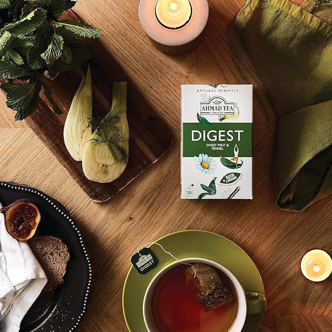 Ahmad Tea Herbal Tea, Sweet Mint, Fennel & Biotin 'Digest' Natural Benefits Teabags, 20 ct (Pack of 1) - Decaffeinated & Sugar-Free - Bloomnest