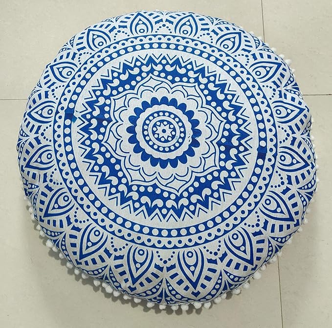 INDIAN CRAFT CASTLE 24" Blue Ombre Mandala Barmeri Large Floor Pillow Cover Cushion Meditation Seating Ottoman Throw Cover Hippie Decorative Zipped Bohemian Pouf Ottoman Pom Pom Cases 24" Round - Bloomnest