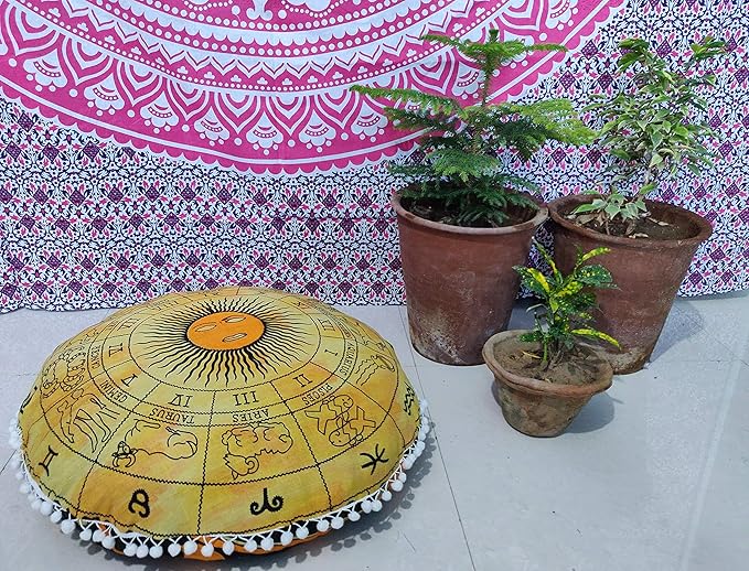 INDIAN CRAFT CASTLE 24" Yellow Zodiac Mandala Barmeri Large Floor Pillow Cover Cushion Meditation Seating Ottoman Throw Cover Hippie Decorative Zipped Bohemian Pouf Ottoman Pom Pom Cases 24" Round - Bloomnest