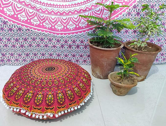 INDIAN CRAFT CASTLE 24" Red Peacock Mandala Barmeri Large Floor Pillow Cover Cushion Meditation Seating Ottoman Throw Cover Hippie Decorative Zipped Bohemian Pouf Ottoman Pom Pom Cases 24" Round - Bloomnest