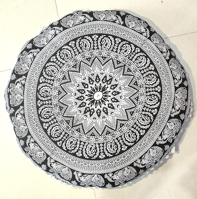 24" Black white Elephant Flower Mandala Barmeri Large Floor Pillow Cover Cushion Meditation Seating Ottoman Throw Cover Hippie Decorative Zipped Bohemian Pouf Ottoman Pom Pom Cases 24 " round - Bloomnest