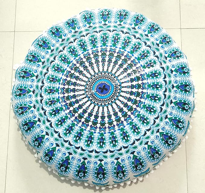 INDIAN CRAFT CASTLE 24" Green Peacock Mandala Barmeri Large Floor Pillow Cover Cushion Meditation Seating Ottoman Throw Cover Hippie Decorative Zipped Bohemian Pouf Ottoman Pom Pom Cases 24" Round - Bloomnest