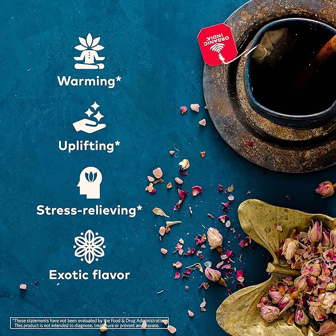 Organic India Tulsi Cinnamon Rose Herbal Tea - Holy Basil, Stress Relieving & Mystical, Immune Support, USDA Certified Organic, Supports Sugar Metabolism, Caffeine-Free - 18 Infusion Bags, 6 Pack - Bloomnest