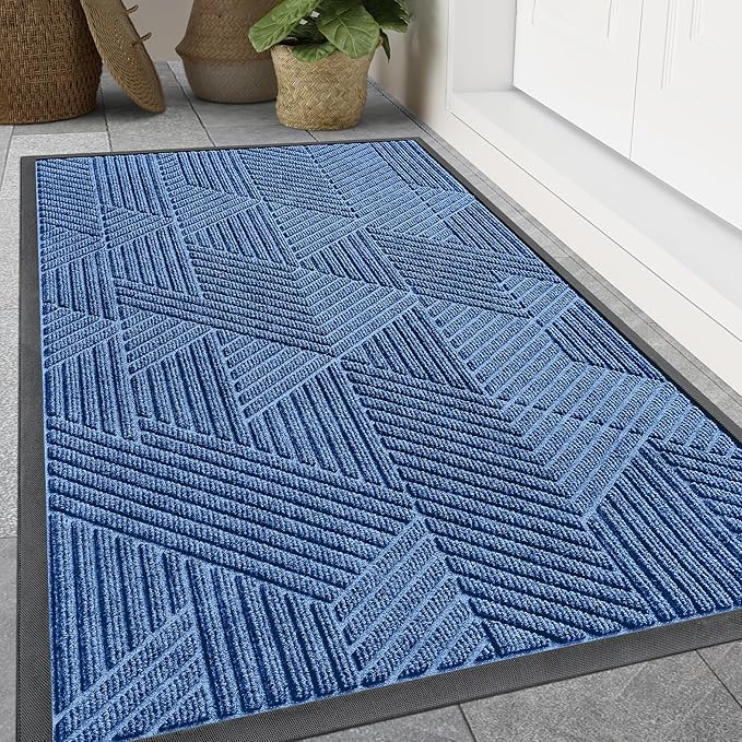 Smiry Front Door Mat Outside Entrance, Heavy Duty Sturdy Natural Rubber Doormat, Trap Dirt and Moisture, Easy Clean Low Profile Mats for Indoor Outdoor Entry, Irregular Triangle (47x32, Blue) - Bloomnest