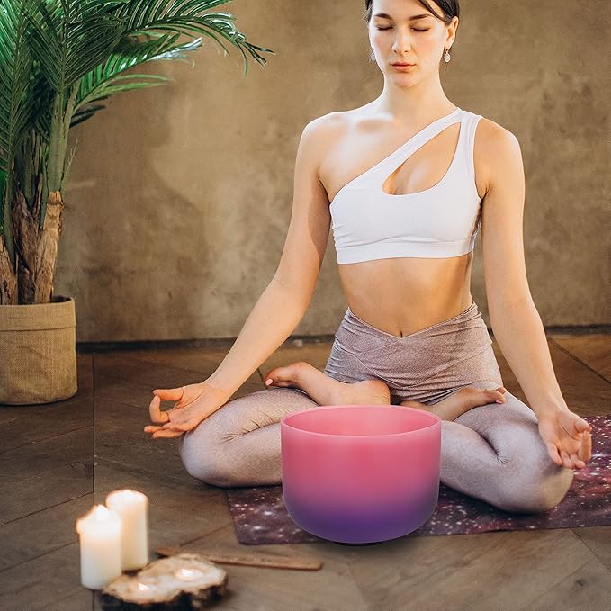 TOPFUND Pink Purple 432 Hz F Note Crystal Singing Bowl Heart Chakra with Carrying Case and Suede Mallet