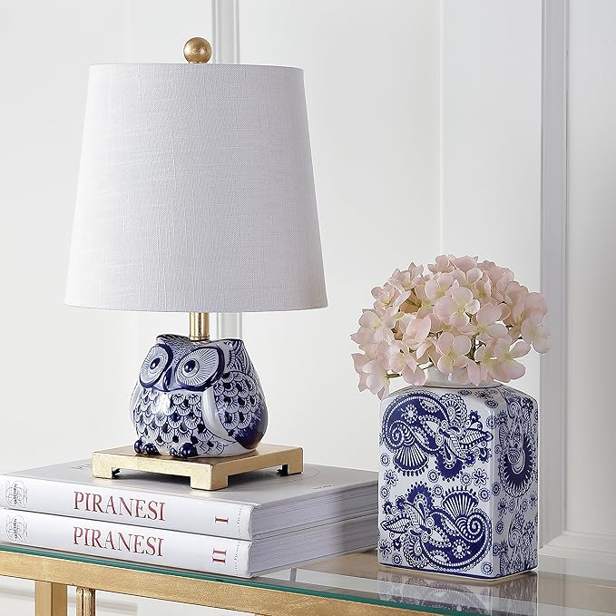JONATHAN Y JYL3014A Justina 16" Ceramic Mini LED Table Lamp Cottage,Transitional for Bedroom, Living Room, Office, College Dorm, Coffee Table, Bookcase, Blue/White - Bloomnest