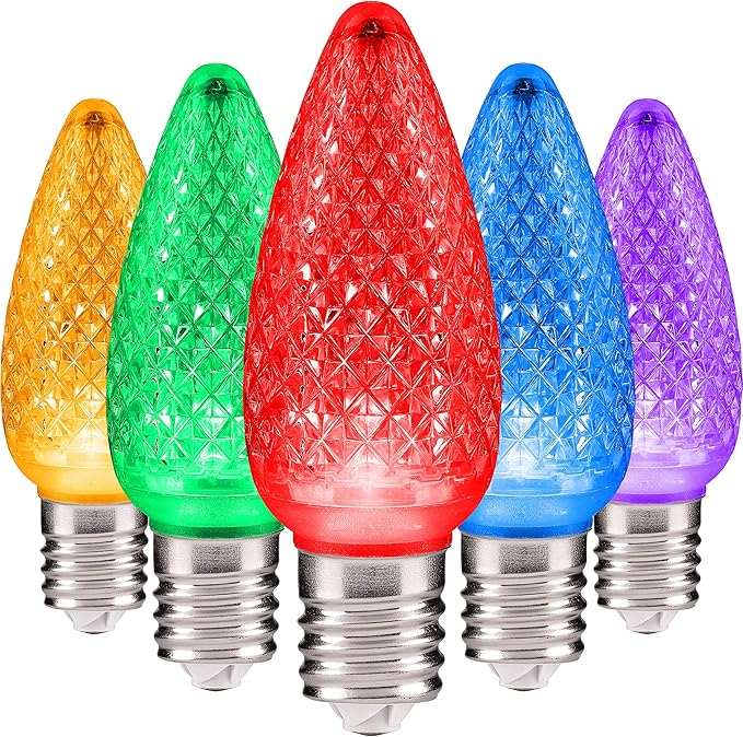 HLO Lighting C9 LED Christmas Lights, Faceted C9 Christmas Light Bulbs for Indoor & Outdoor Décor 25, Multi (R, G, B, Y, P) - Bloomnest
