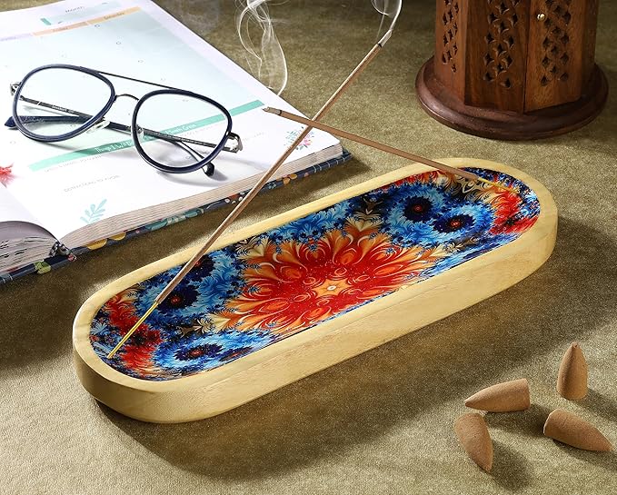 Bless-International Traditional-Handmade-Tray-Burner Wooden-Trat-Incense-Stick-Holder Ash-Catcher-Stand for-Aromatherapy-Meditation-Yoga (Abstract Flowers, 11x4x1.22 Inches) - Bloomnest