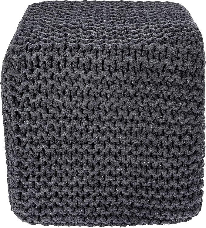 REDEARTH Cube Pouf Foot Stool Ottoman - Hand Knitted Coffee Table - Cotton Cord Boho Pouffe - Home Décor Poof - Stuffed Footrest for Living Room - Bedroom - Patio (16" x 16" x 16") - Dark Gray - Bloomnest