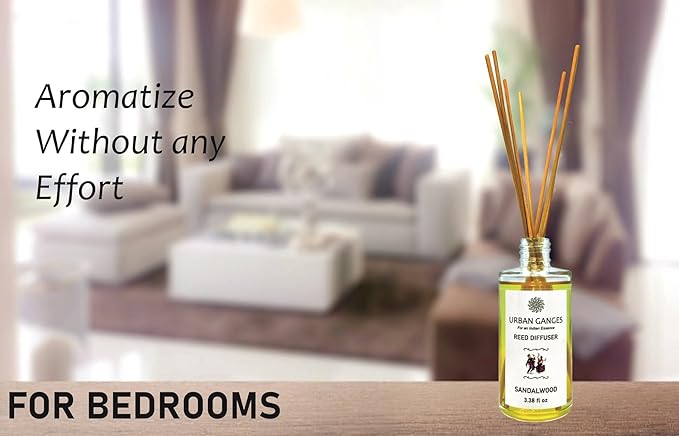Reed Diffuser | Sandalwood | Made with Sandalwood Essential Oil | Luxurious Reed Diffuser | Handpoured in India | 3.38 fl oz | Includes Fibre Reed Sticks URBANGANGES