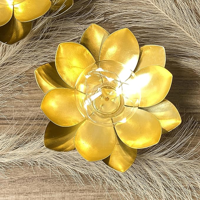 JHY DESIGN Set of 2 Gold Lotus Table Lamp Battery Powered 6''Tall Cordless Lamp Light Battery Operated Great for Living Room Bedroom Weddings Parties Patio Events Indoors Outdoors