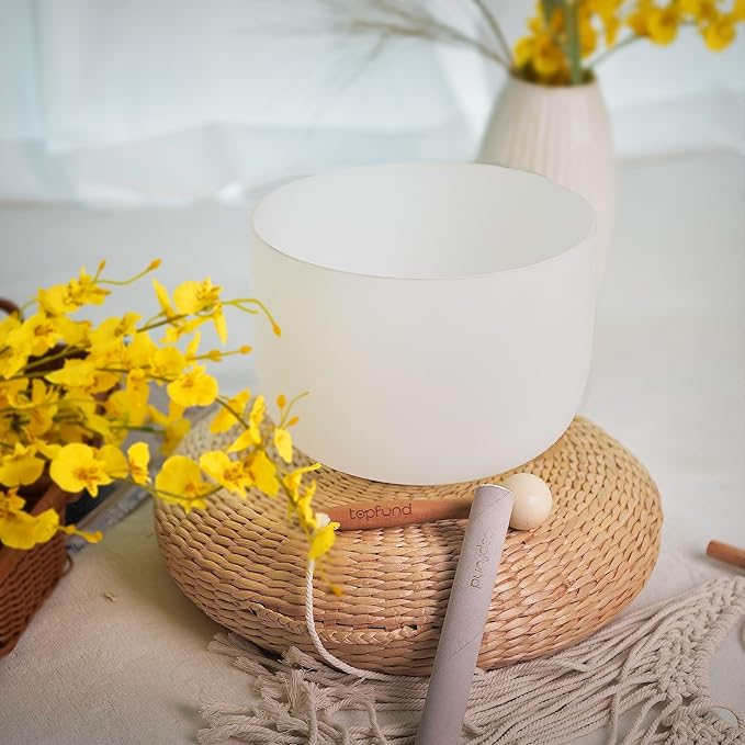 TOPFUND B Note Crystal Singing Bowl Crown Chakra 10 Inch with Heavy Duty Carrying Case and Suede Mallet